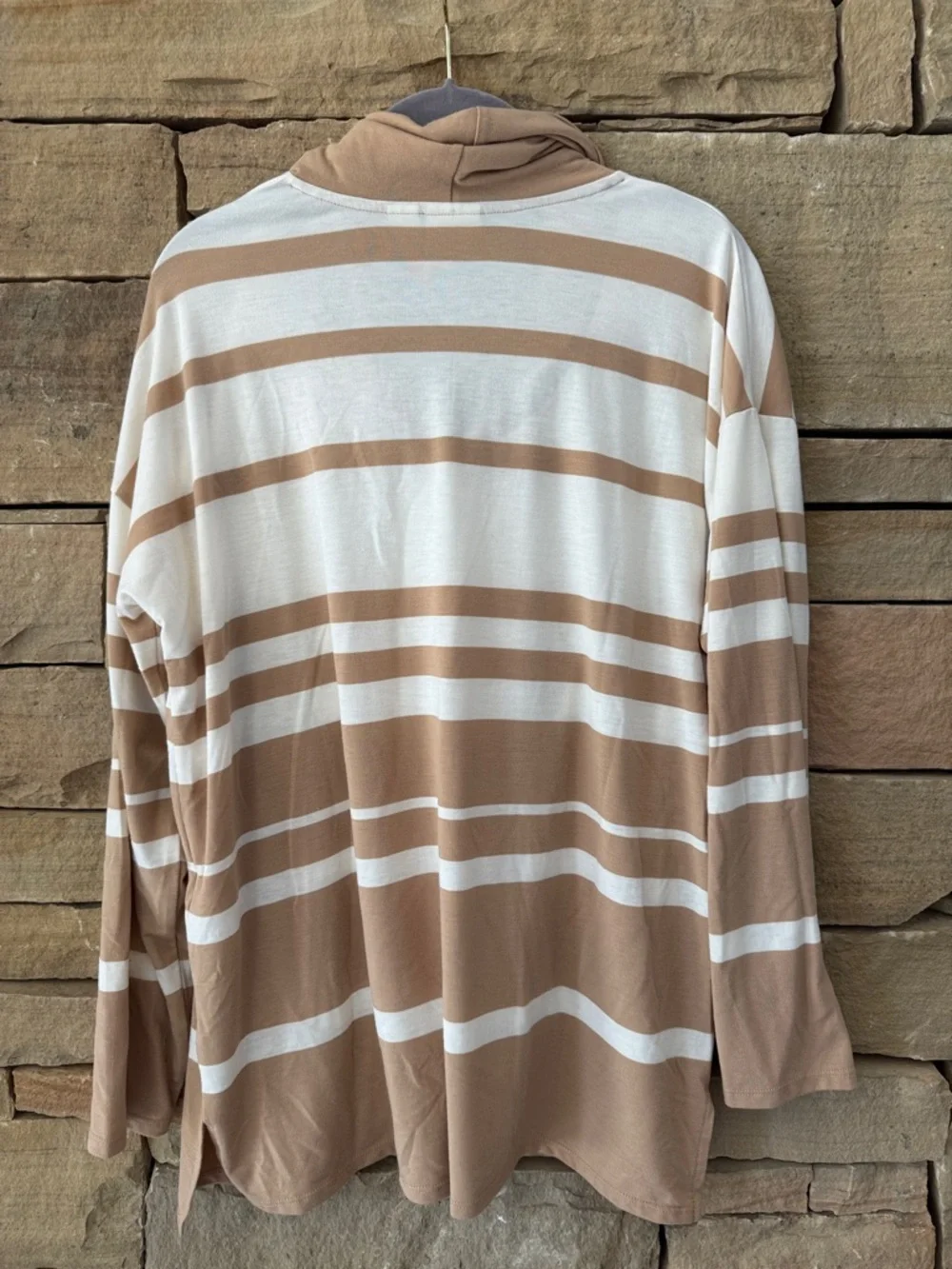 Chico's Striped Cowl Neck Long Sleeve Jersey Tee Top Shirt- Cream & Tan Striped